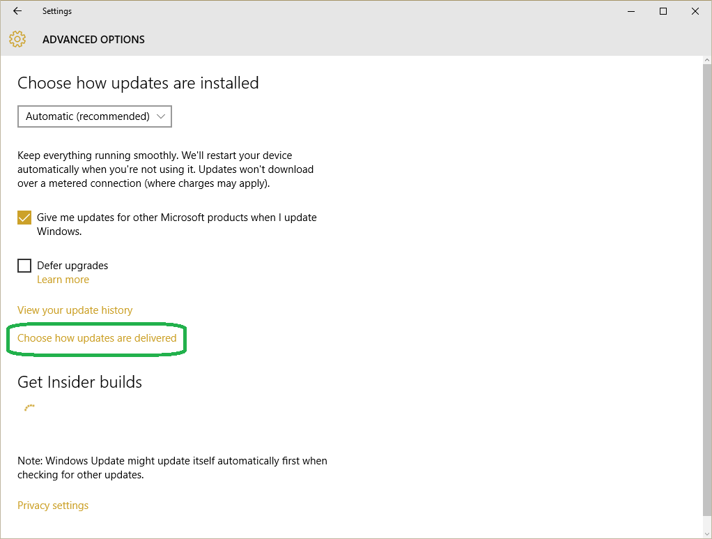 Update and Security Advanced Options Windows 10